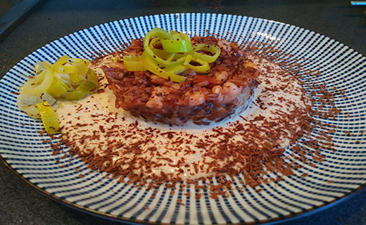 Riso rosso con gamberetti, merluzzo e cioccolato fondente